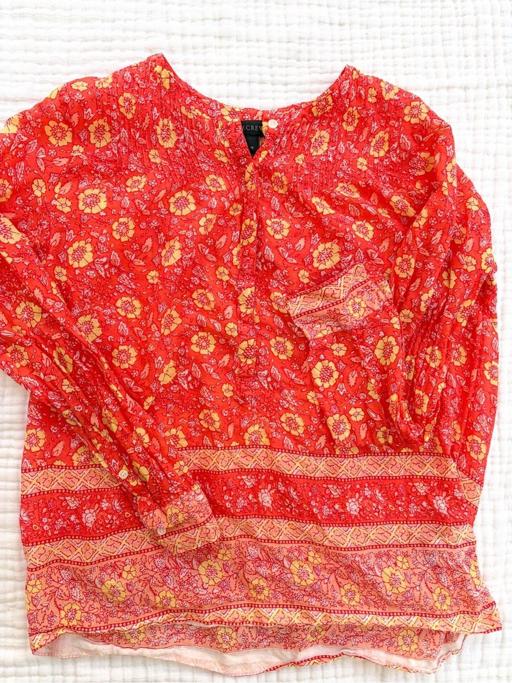 J. Crew Floral Boho Peasant Blouse Size 4 Orange Pink Yellow